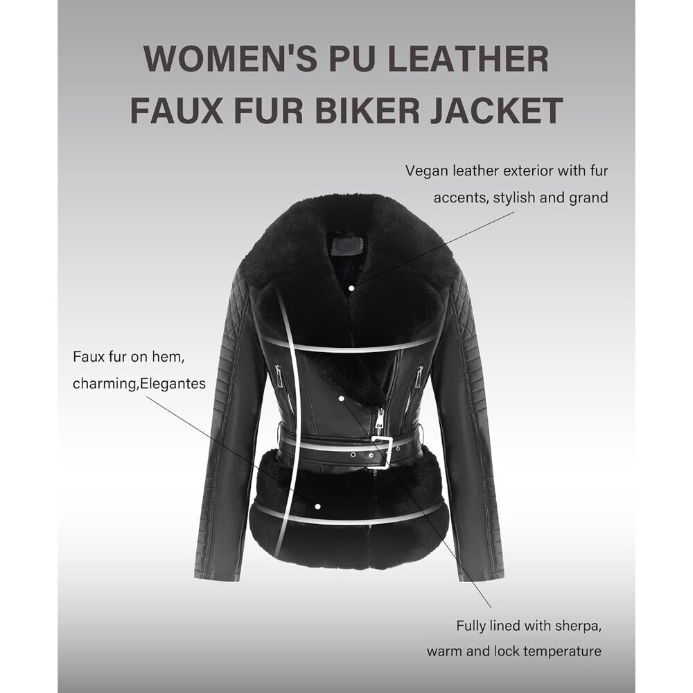 Women Faux Leather Jacket Moto Biker Coat with Removable Fur Collar Black Belt - Picture 4 of 6